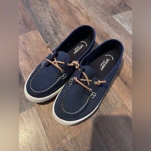 Sperry Women’s Dark Blue Boat Shoes with Tan Laces